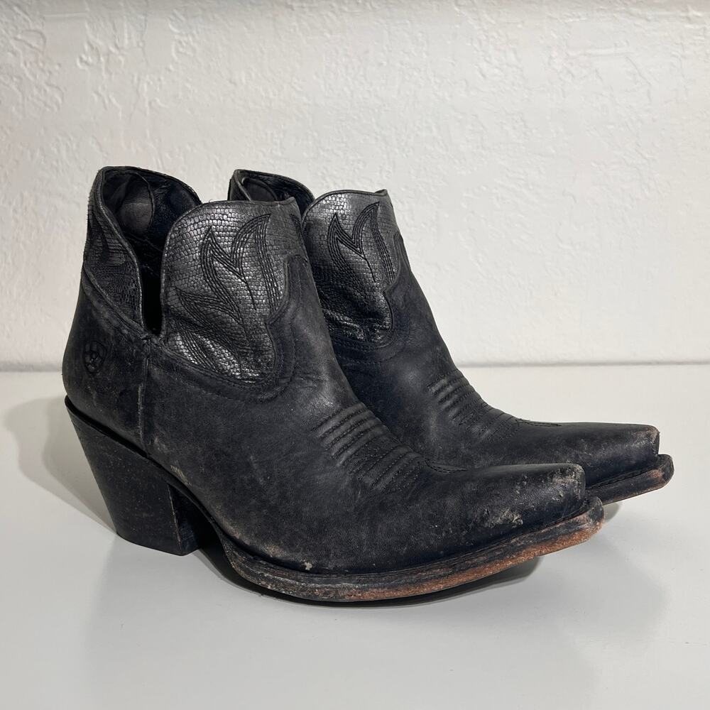 Ariat Western Ankle Boot Womens 9.5 Black Leather Distressed Cowboy Square Toe - Picture 3 of 9